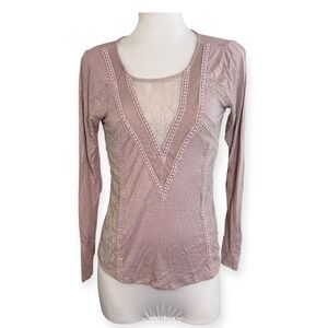 Daytrip Lace Inset Long Sleeve Top Keyhole Back Blouse Women's XS‎